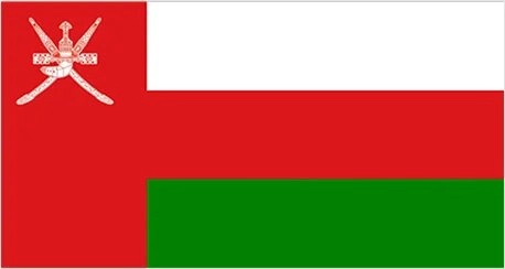 Country flag of Oman. A horizontal tricolor of white, red, and green, with a red vertical stripe at the hoist bearing the national emblem of two crossed swords over a khanjar or traditional dagger.